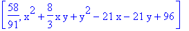 [58/91, x^2+8/3*x*y+y^2-21*x-21*y+96]